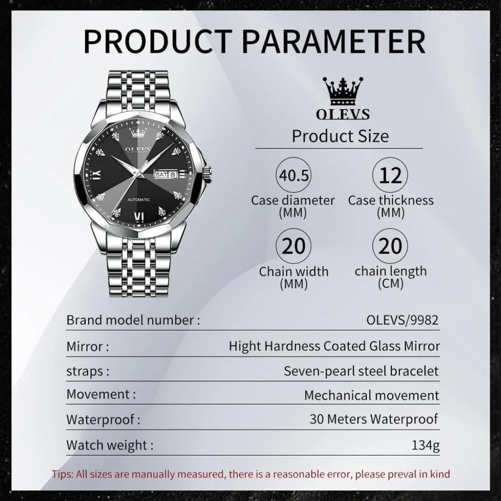 Olevs Men's Silver Gold Black Steel Man Watch with Date Luminous Stylish Watch